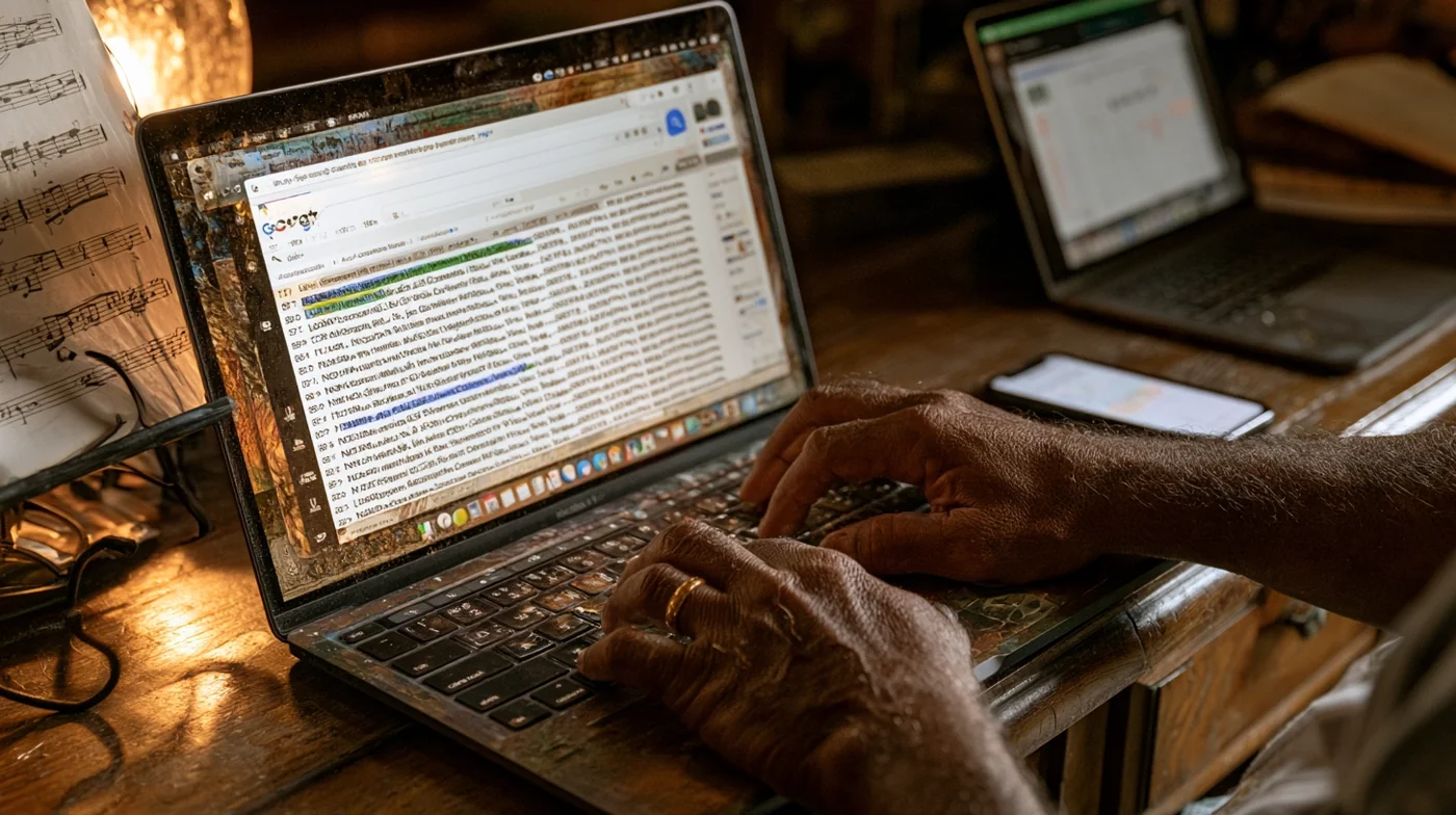 Musicista che cerca su Google la propria prossima data di concerto, laptop e calendario aperti