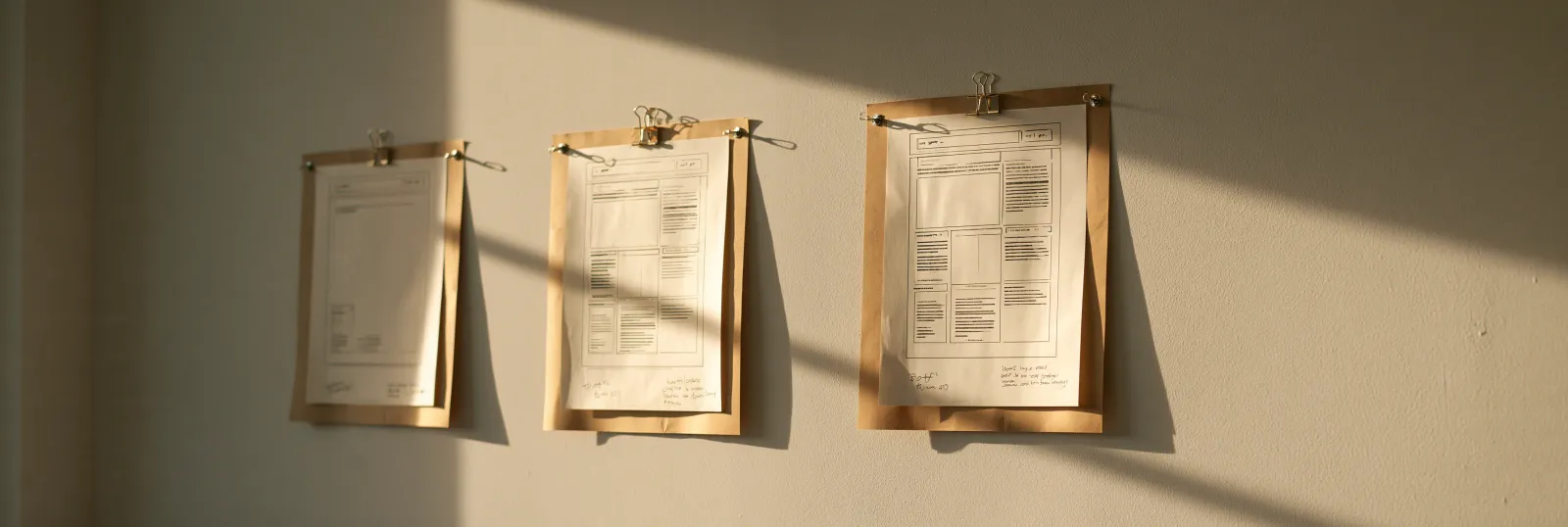 Drei Bl&auml;tter nebeneinander an einer Studiowand, jedes zeigt eine sp&auml;tere Stufe desselben Seitenlayouts, mit Bleistiftnotizen