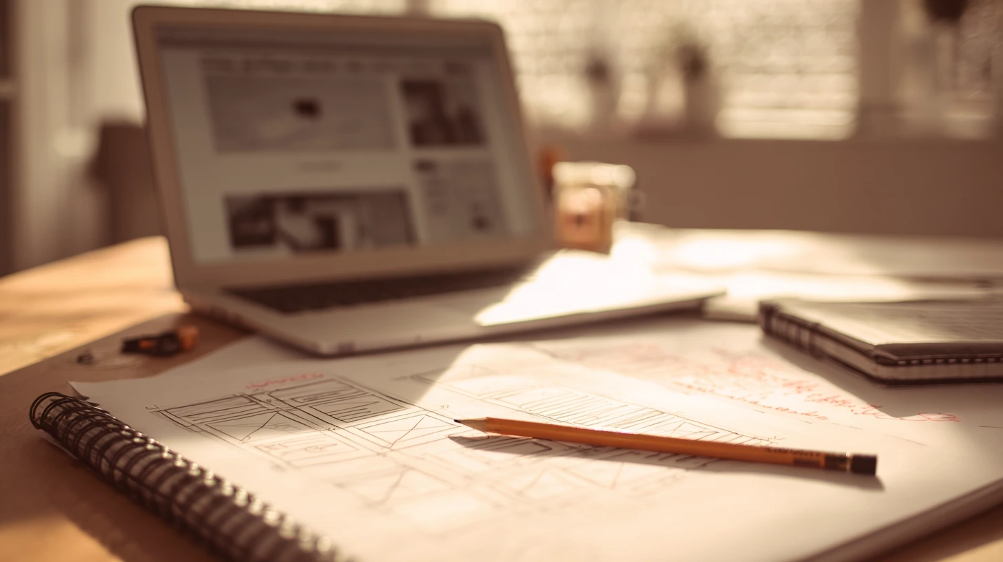 Un escritorio con el boceto de un sitio web junto a un port&aacute;til y unas notas: la idea de planificar y presupuestar un proyecto web
