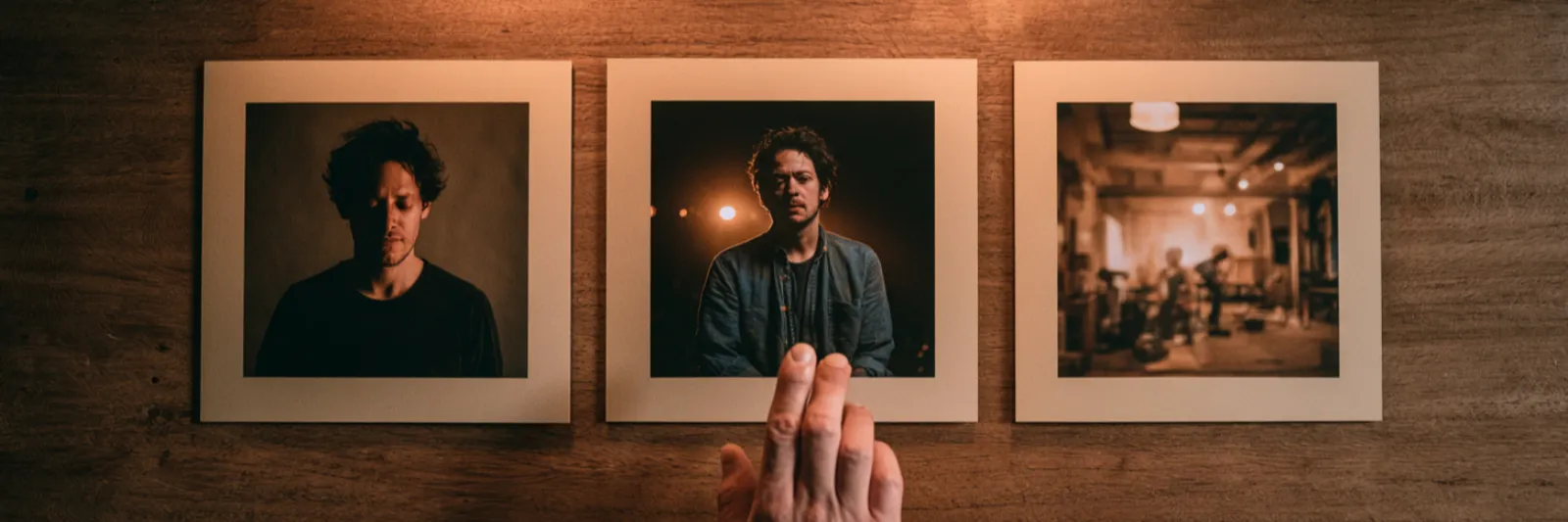 Three photographic prints side by side: portrait, concert, rehearsal room