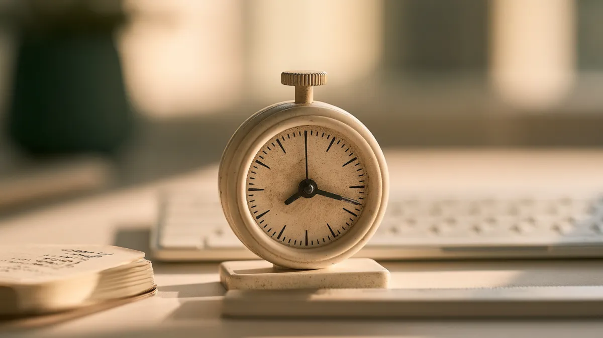 A kitchen timer beside a keyboard in morning light